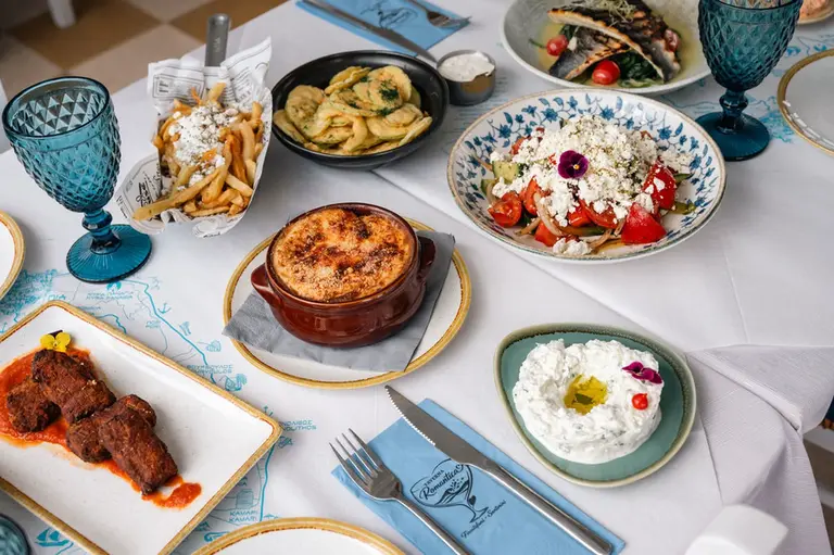 Greek classics spread at Taverna Romantica Santorini